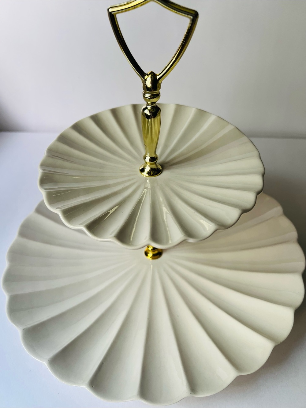 Elegant Mid Century Two-Tier Cream Ceramic Server with Gold Handle